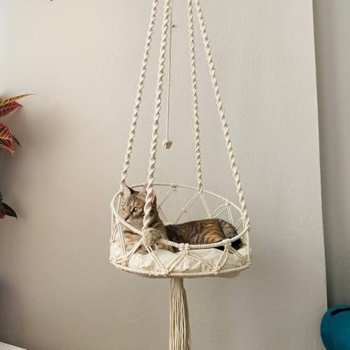 Wnvivi Makramee-Katzenhängematten, Katzenschaukel-Hängematte für Hauskatzen, Boho-Makramee-Katzenhängebett Zum Spielen und Schlafen (130cm) von Wnvivi