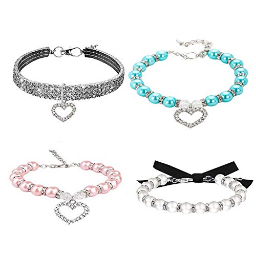 4 Stück Hunde Perlen Halsbänder und Strass Hundehalsband Set, Haustier Perle Halskette Full Diamond Bling Verstellbares Hundehalsband für kleine Katzen Welpen Halskette Anzug für Haustier Hochzeit Geburtstag Party (Weiß, S) von WoYous