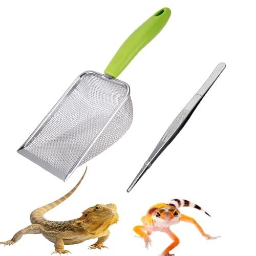 Reptile Shovel Siebschaufel Sand Reptilien Sand Substrat Scoop Reptiliensand Feinmasch Edelstahl Terrarium Substrat Sand Bettwäsche Streu Reiniger Scoop und Lange Reptilien Futterzangen (Grün-2mm) von WoYous