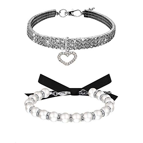 Strass Hundehalsband und Perlen-Halskette Set, verstellbares Halsband, Bling Full Diamond Kristall Niedlich Perle Hundehalsband für Kleine Mädchen Katzen Welpen Zubehör für Hochzeit Geburtstag Party (S-Weiß) von WoYous