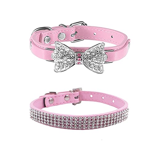 WoYous 2 Stücke Leder Glitzernd Hunde Halsbänder, Bling Bling Katzenhalsband Strass Bogen Strasssteine Hundehalsbänder für Kleine Hunde und Katzen Hundedekor Geschenk (S-Pink) von WoYous