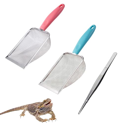 WoYous Reptile Shovel Siebschaufel Sand Reptilien Sand Substrat Scoop Reptiliensand Feinmasch Edelstahl Terrarium Substrat Sand Bettwäsche Streu Reiniger Scoop und Lange Reptilien Futterzangen von WoYous