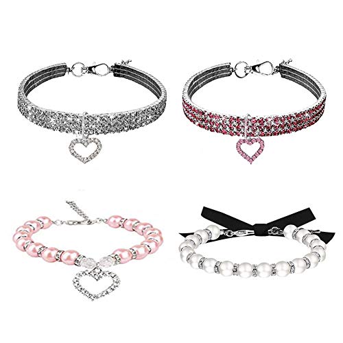 WoYous Strasssteine Hundehalsband und Perle Hundehalsband-Set, Verstellbarer Halsband, Bling Full Diamond Crystal Cute Pearl Hundehalsband für kleine Mädchen Katzen Welpen Zubehör für Hochzeit Geburtstag Party (4 Stück) von WoYous