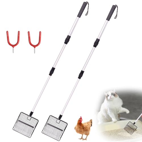 WodGod Katzen- und Hühnerkotschaufel-Set, Metall, 4-in-1 langer Griff, Katzenstreuschaufel, Hühnerstall-Zubehör, langlebiger Hühnerstall-Rechen (langer Griff, weiß), 2-teilig von WodGod