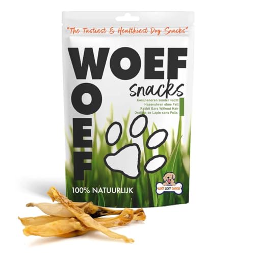 Woef Woef Snacks, Kaninchenohren Ohne Fell, 100% Natürliche Hundeleckerli, Hypoallergene Kaustangen Hund für Zahnpflege und Beschäftigung, Fettarm, 250g von Woef Woef Snacks