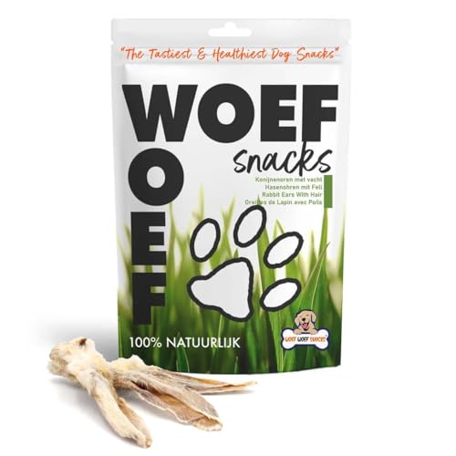 Woef Woef Snacks, Kaninchenohren mit Fell, 100% Natürliches hundeleckerli, Getrocknete Kaninchenohren kaustangen Hund, Hypoallergen und leicht verdaulich, 250g von Woef Woef Snacks