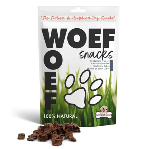 Woef Woef Snacks Rinderlungenwürfel, Natürliche Hundeleckerli, Getreidefrei 500g, Kalorienarmes Hundefutter Trocken, Perfekt fürs Training, Leckerlitasche für Hunde von Woef Woef Snacks