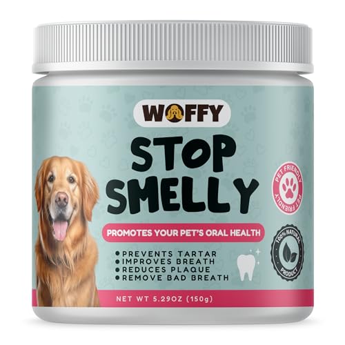 Woffy Stop Smelly – Natürliches Zahnpulver für Hunde | Entfernt Zahnstein & Zahnbelag | Reduziert Mundgeruch | Mit Ascophyllum-Algen & Probiotika für gesunde Zähne & frischen Atem | 150g von Woffy