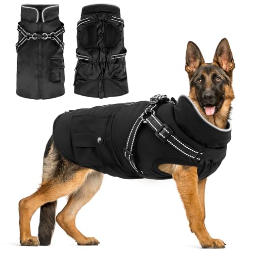 Woiil Hundejacke Hundemantel für Grosse Hunde Warmer Hundepullover Winter Hundejacke Weste Winddicht Hunde Mantel Hoodie Winter Hunde Außenjacke für Spazierengehen Schwarz XL von Woiil