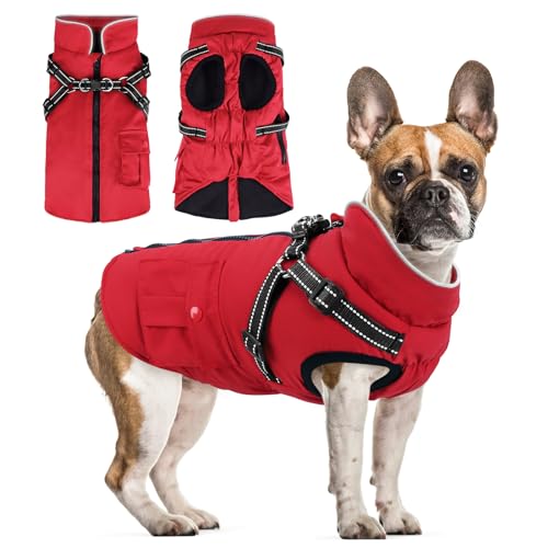 Woiil Hundejacke für mittelgroße Hunde wasserdicht Hundemantel Winddicht Winterweste Reißverschluss Ärmellose Winter Haustierkleidung Outfit mit Fleece Reflektorstreifen Rot M von Woiil