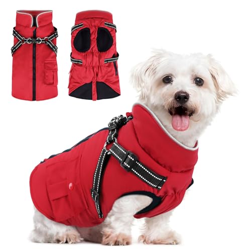 Woiil Hundemantel Winter Warme Hundejacke für Mittelgroße Hunde Wasserdicht Warme Hundejacke Winddichter Wintermantel kuschelige Reflektierend Hundejacke Ärmellose mit Geschirr Outdoor Rot M von Woiil