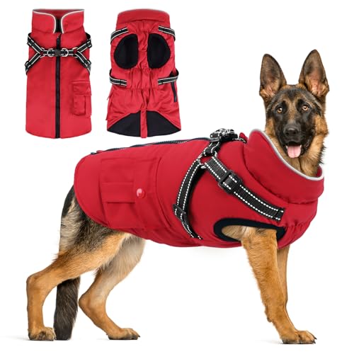 Woiil Hundejacke Hundemantel für Grosse Hunde Warmer Winter Wasserdicht Hundejacke Winddichter Wintermantel kuschelige Reflektierend Hundejacke Ärmellose mit Geschirr Outdoor Rot XL von Woiil