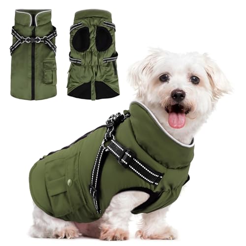 Woiil Hundemantel für Kleine Hundemantel Winter Wasserdicht Warme Hundejacke Winddichter Wintermantel kuschelige Reflektierend Hundejacke Ärmellose mit Geschirr Outdoor Armeegrün S von Woiil