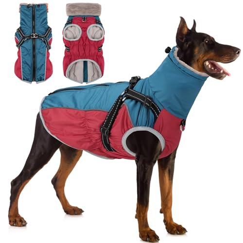 Woiil Hundemantel Winter,Hundemantel Wasserdicht für Grosse Hunde mit verstellbares Hundegeschirr,Warm Hundejacke aus Fleece,Reflektierende Streifen,Geeignet für Deutsche Schäferhunde(XXL,Rot) von Woiil