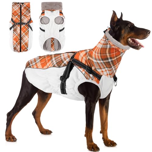 Woiil Hundemantel Winter, Hundemantel Wasserdicht für Grosse Hunde mit verstellbares Hundegeschirr, Warm Hundejacke aus Fleece, Reflektierende Streifen, Geeignet für Deutsche Schäferhunde (XXL,Weiß) von Woiil