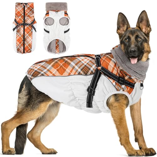 Woiil Hundemantel Winter, Hundemantel Wasserdicht für Grosse Hunde mit verstellbares Hundegeschirr, Warm Hundejacke aus Fleece, Reflektierende Streifen,Geeignet für Labrador (XL,Weiß) von Woiil