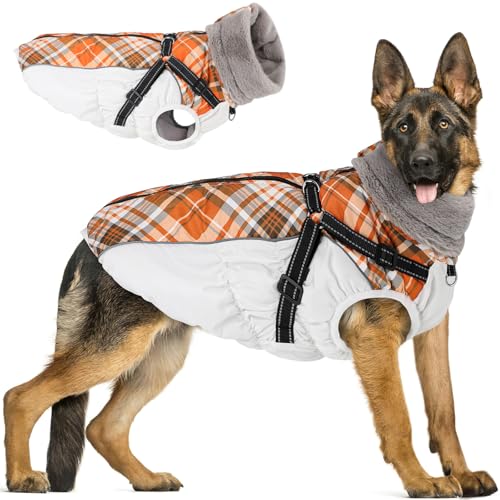 Woiil Hundemantel Winter, Hundemantel Wasserdicht für Grosse Hunde mit verstellbares Hundegeschirr, Warm Hundejacke aus Fleece, Reflektierende Streifen,Geeignet für Labrador (XL,Weiß) von Woiil