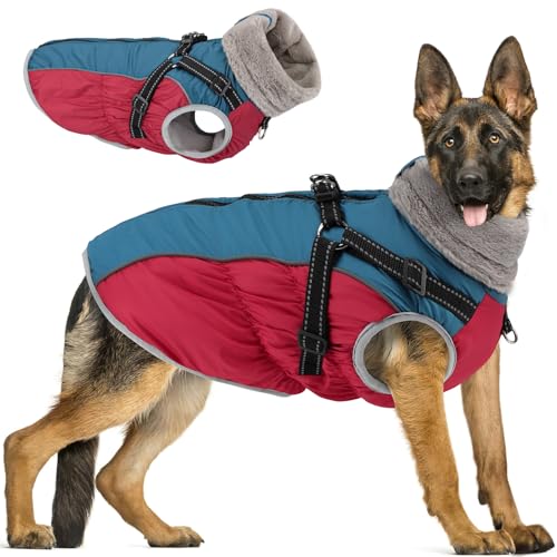 Woiil Hundemantel Winter,Hundemantel Wasserdicht für Grosse Hunde mit verstellbares Hundegeschirr,Warm Hundejacke aus Fleece,Reflektierende Streifen,Geeignet für Labrador und Golden Retriever(XL,Rot) von Woiil