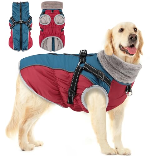 Woiil Hundemantel Winter, Hundemantel Wasserdicht für Mittelgroße Hunde mit verstellbares Hundegeschirr, Warm Hundejacke aus Fleece, Reflektierende Streifen, Geeignet für Border Collies (L,Rot) von Woiil