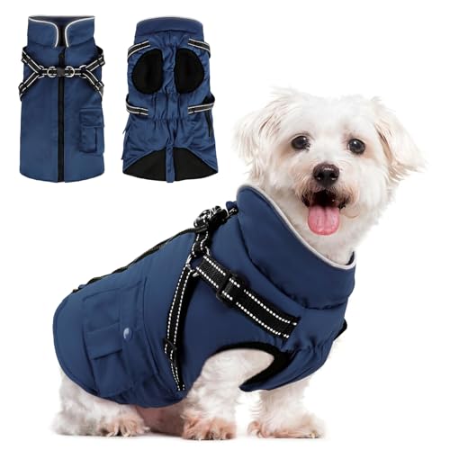 Woiil Hundemantel für Kleine Hundemantel Winter Wasserdicht Warme Hundejacke Winddichter Wintermantel kuschelige Reflektierend Hundejacke Ärmellose mit Geschirr Outdoor Navyblau S von Woiil