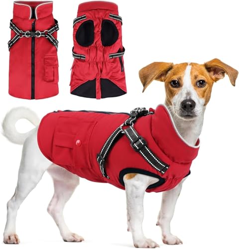 Woiil wasserdichte Hundejacke Hundemantel mit Geschirr Reflektierend warme Winterweste für ganz große Hunde mit D-Ring Geschirrloch Winterhundejacke Skifahren Rot XXL von Woiil