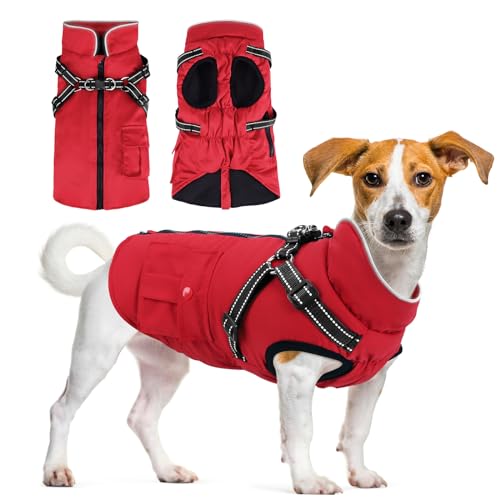 Woiil Hundemantel für Kleine Hundemantel Winter Wasserdicht Warme Hundejacke Winddichter Wintermantel kuschelige Reflektierend Hundejacke Ärmellose mit Geschirr Outdoor Rot S von Woiil