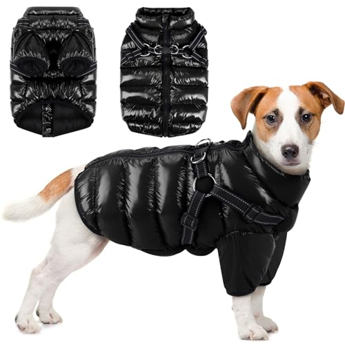 Woiil Wasserdichter Hundemantel, Winter Warme Hundejacke, Hundeweste mit Geschirr, Hunderegenmantel Winddicht, Reflektoren Winterweste, Kaltes für Kleine Mittlere Große Hunde(M Schwarz) von Woiil