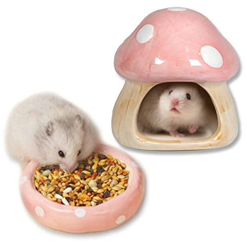 Keramik-Pilz-Hütte für Meerschweinchen, Hamster, inklusive Futternapf, Meerschweinchen, Versteck für Hamster, Chinchilla, Igel, Ratten, Kleintiere (rosa Pilz-Set) von Woleigiao