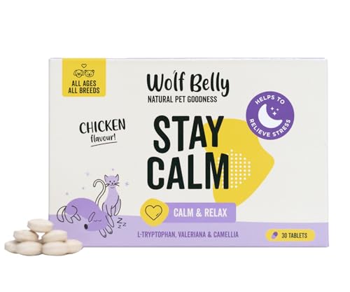 Wolf Belly - Beruhigungsmittel für Hunde und Katzen Huhn Geschmack (30 Tabletten) Mit Baldrian, Grünem Tee und L-Tryptophan, Wellness- und Entspannungshelfer, Essentielle Vitamine und Aminosäuren von Wolf Belly Natural Pet Goodness