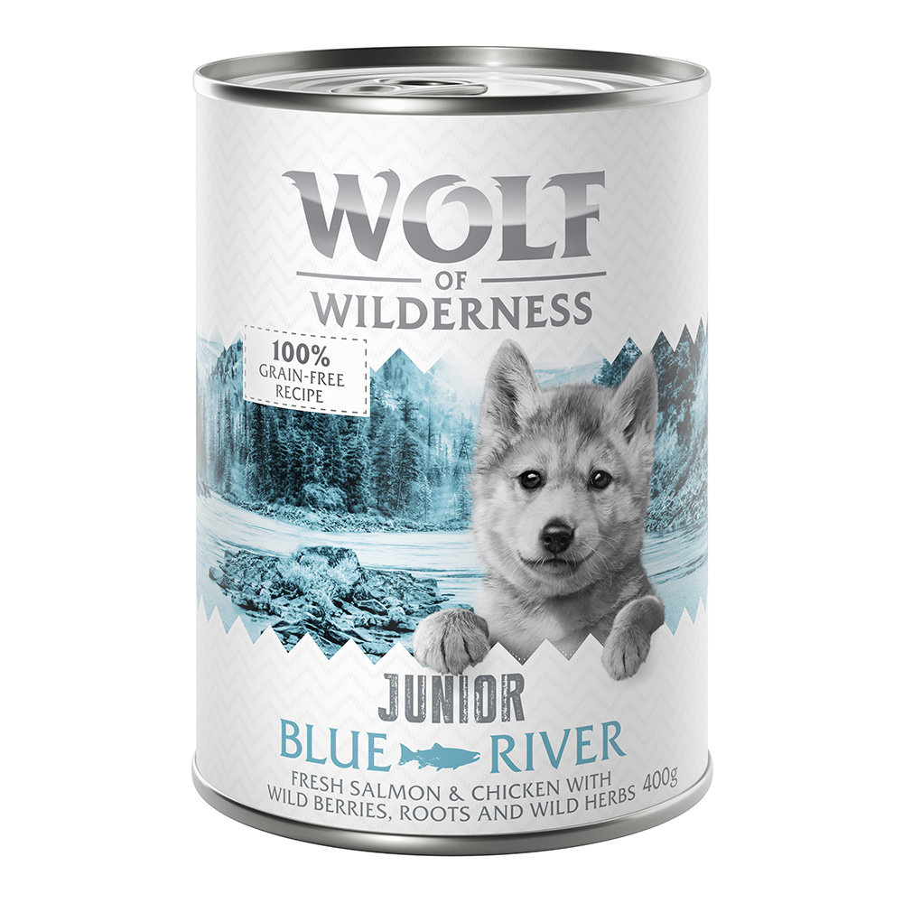 10 + 2 gratis!  12 x 400 g Wolf of Wilderness - JUNIOR Blue River - Huhn & Lachs von Wolf of Wilderness