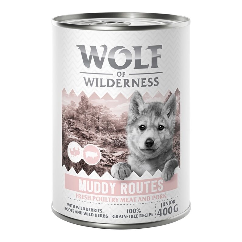 10 + 2 gratis!  12 x 400 g Wolf of Wilderness - JUNIOR Muddy Routes - Geflügel mit Schwein von Wolf of Wilderness