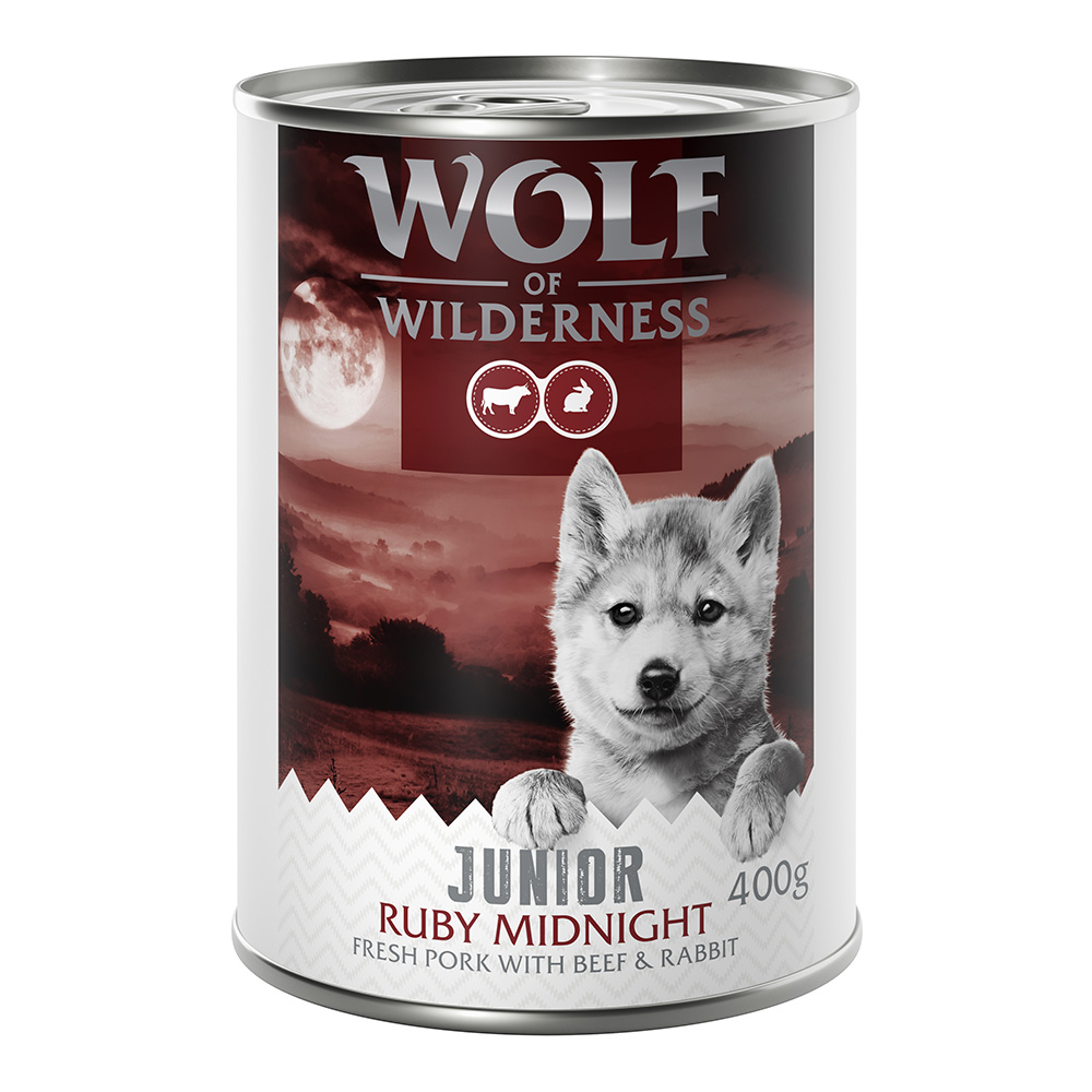 10 + 2 gratis!  12 x 400 g Wolf of Wilderness - JUNIOR Ruby Midnight - Schwein, Rind, Kaninchen von Wolf of Wilderness