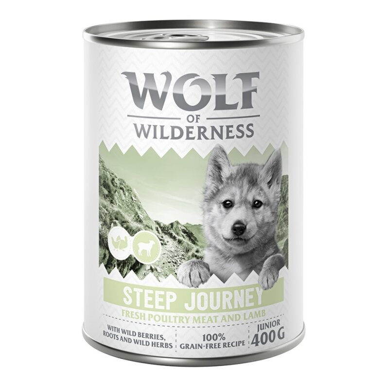 10 + 2 gratis!  12 x 400 g Wolf of Wilderness - JUNIOR Steep Journey - Geflügel mit Lamm von Wolf of Wilderness