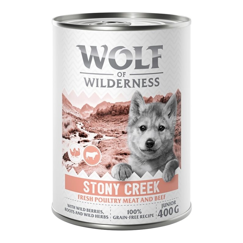 10 + 2 gratis!  12 x 400 g Wolf of Wilderness - JUNIOR Stony Creek - Geflügel mit Rind von Wolf of Wilderness