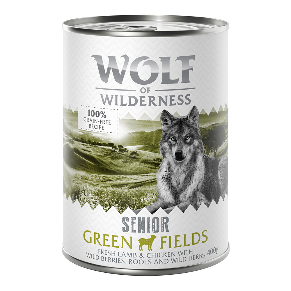 10 + 2 gratis!  12 x 400 g Wolf of Wilderness - SENIOR Green Fields - Lamm & Huhn von Wolf of Wilderness