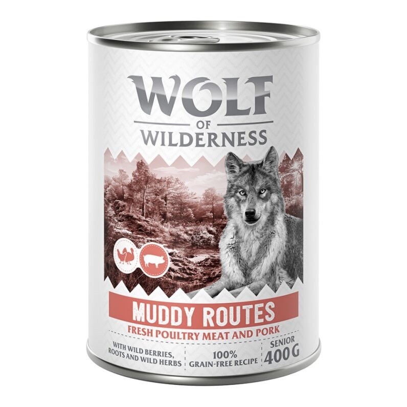 10 + 2 gratis!  12 x 400 g Wolf of Wilderness - SENIOR Muddy Routes - Geflügel mit Schwein von Wolf of Wilderness