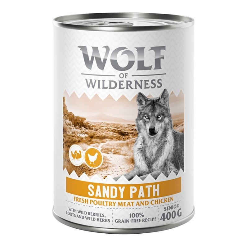 10 + 2 gratis!  12 x 400 g Wolf of Wilderness - SENIOR Sandy Path - Geflügel mit Huhn von Wolf of Wilderness