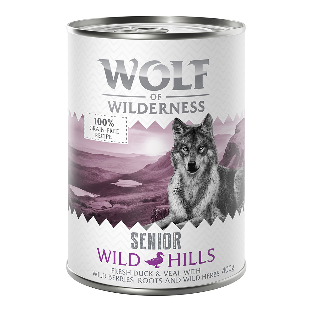 10 + 2 gratis!  12 x 400 g Wolf of Wilderness - SENIOR Wild Hills - Ente & Kalb von Wolf of Wilderness