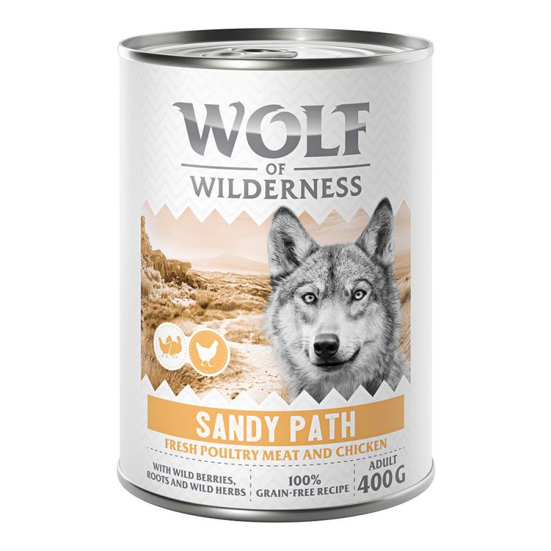 10 + 2 gratis!  12 x 400 g Wolf of Wilderness - Sandy Path - Geflügel mit Huhn von Wolf of Wilderness