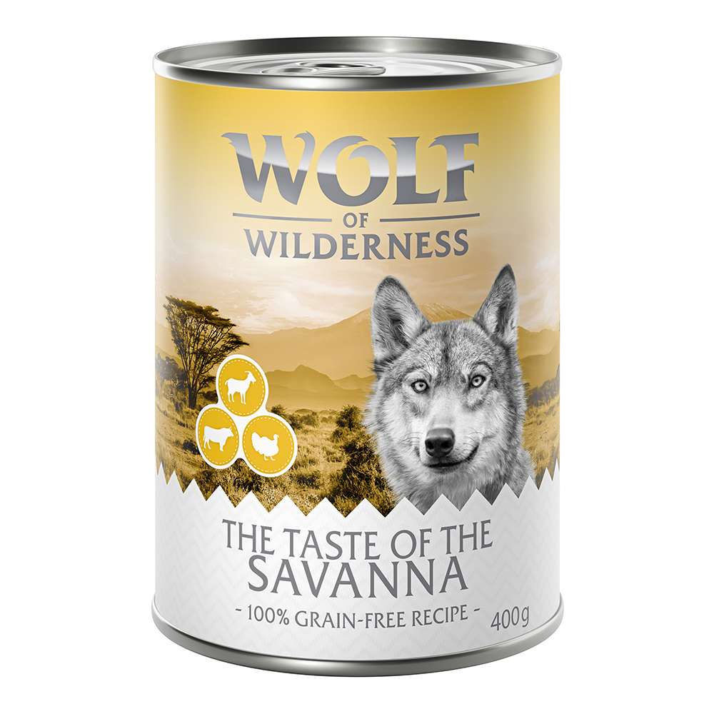 10 + 2 gratis!  12 x 400 g Wolf of Wilderness - Savanna - Pute, Rind, Ziege von Wolf of Wilderness