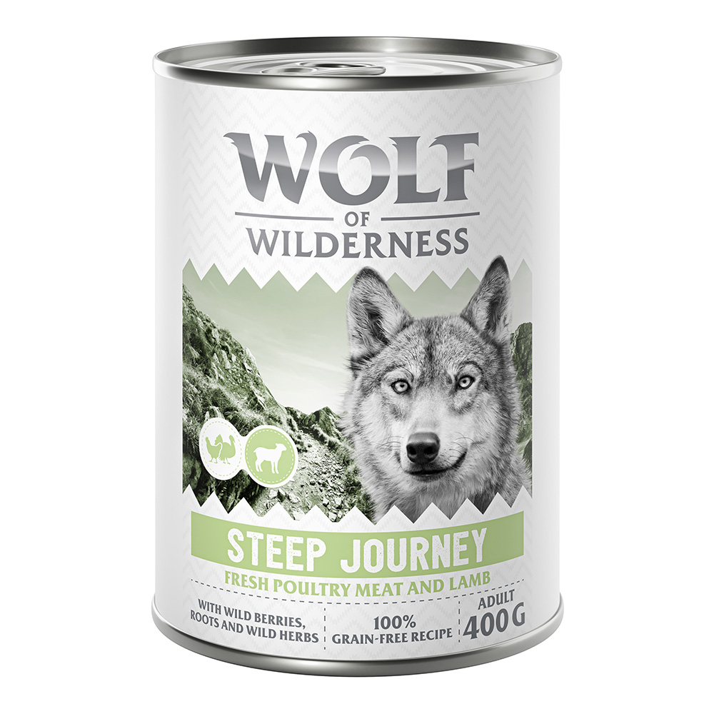 10 + 2 gratis!  12 x 400 g Wolf of Wilderness - Steep Journey - Geflügel mit Lamm von Wolf of Wilderness