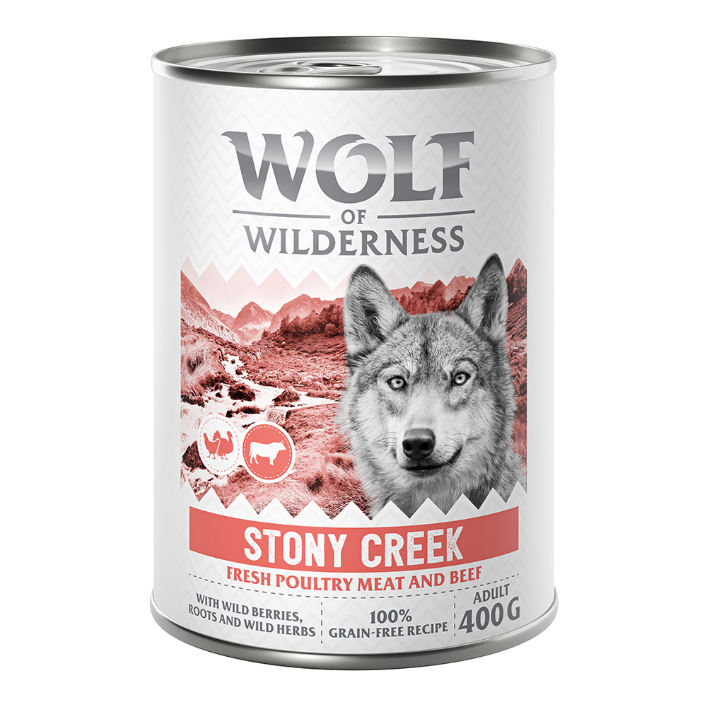 10 + 2 gratis!  12 x 400 g Wolf of Wilderness - Stony Creek - Geflügel mit Rind von Wolf of Wilderness