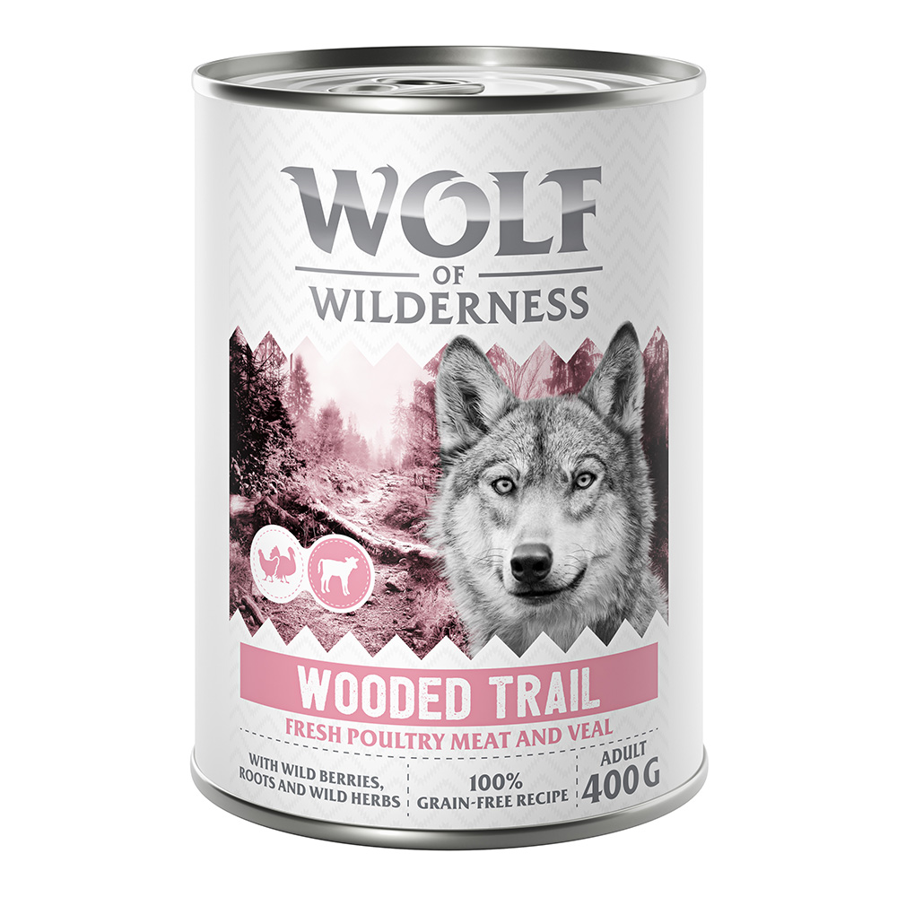 10 + 2 gratis!  12 x 400 g Wolf of Wilderness - Wooded Trails - Geflügel mit Kalb von Wolf of Wilderness