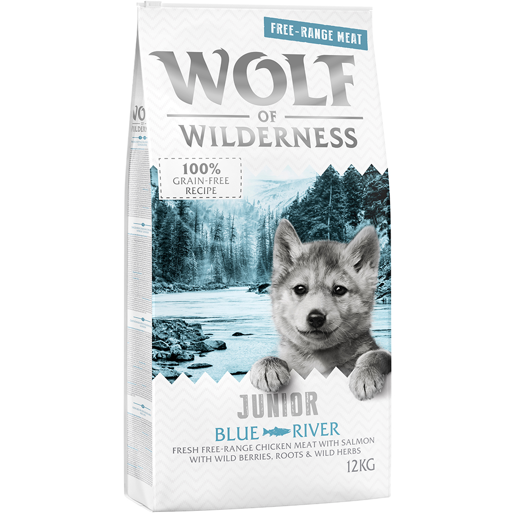 10 € Cyber-Rabatt! 12 kg Wolf of Wilderness  - JUNIOR Blue River - Freilandhuhn & Lachs von Wolf of Wilderness