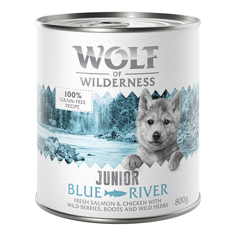 10 € Rabatt sichern! Sparpaket Wolf of Wilderness 24 x 800 g - JUNIOR Blue River - Huhn & Lachs von Wolf of Wilderness