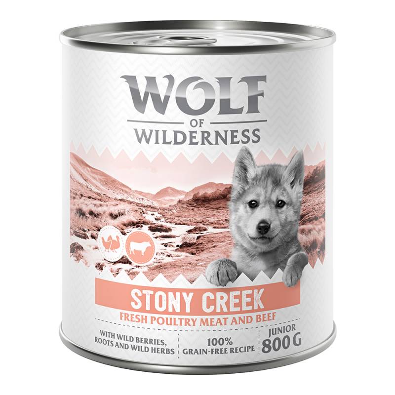 10 € Rabatt sichern! Sparpaket Wolf of Wilderness 24 x 800 g - JUNIOR Stony Creek - Geflügel mit Rind von Wolf of Wilderness