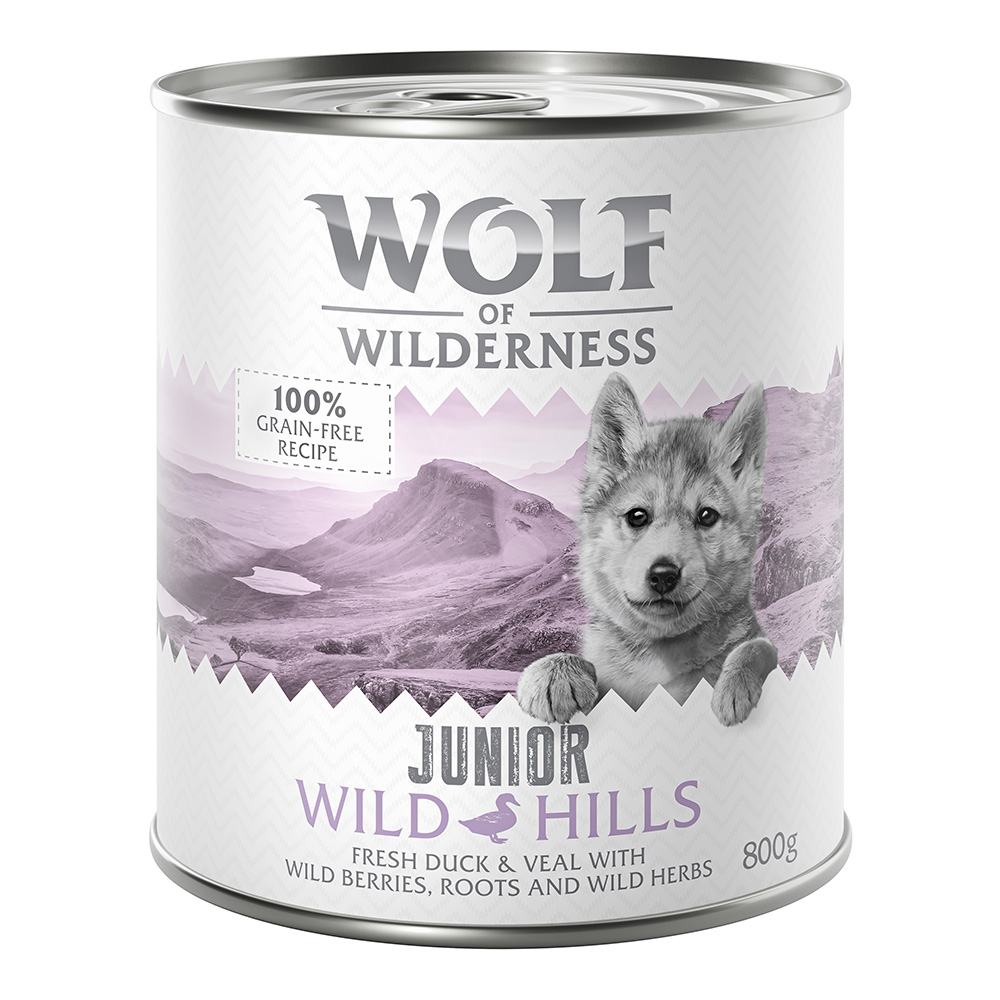 10 € Rabatt sichern! Sparpaket Wolf of Wilderness 24 x 800 g - JUNIOR Wild Hills - Ente & Kalb von Wolf of Wilderness