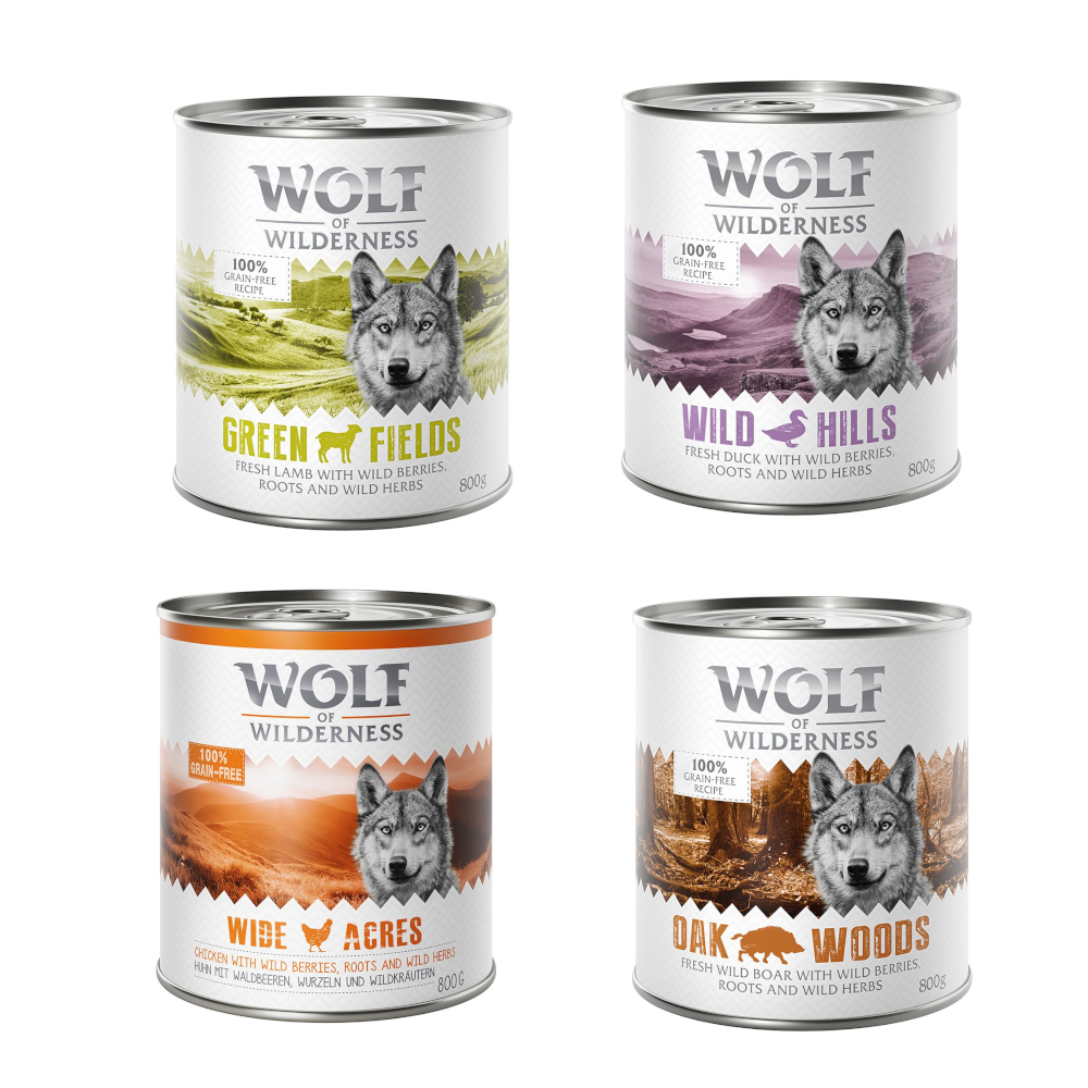 10 € Rabatt sichern! Sparpaket Wolf of Wilderness 24 x 800 g - Mix: Huhn, Ente, Lamm, Wildschwein von Wolf of Wilderness