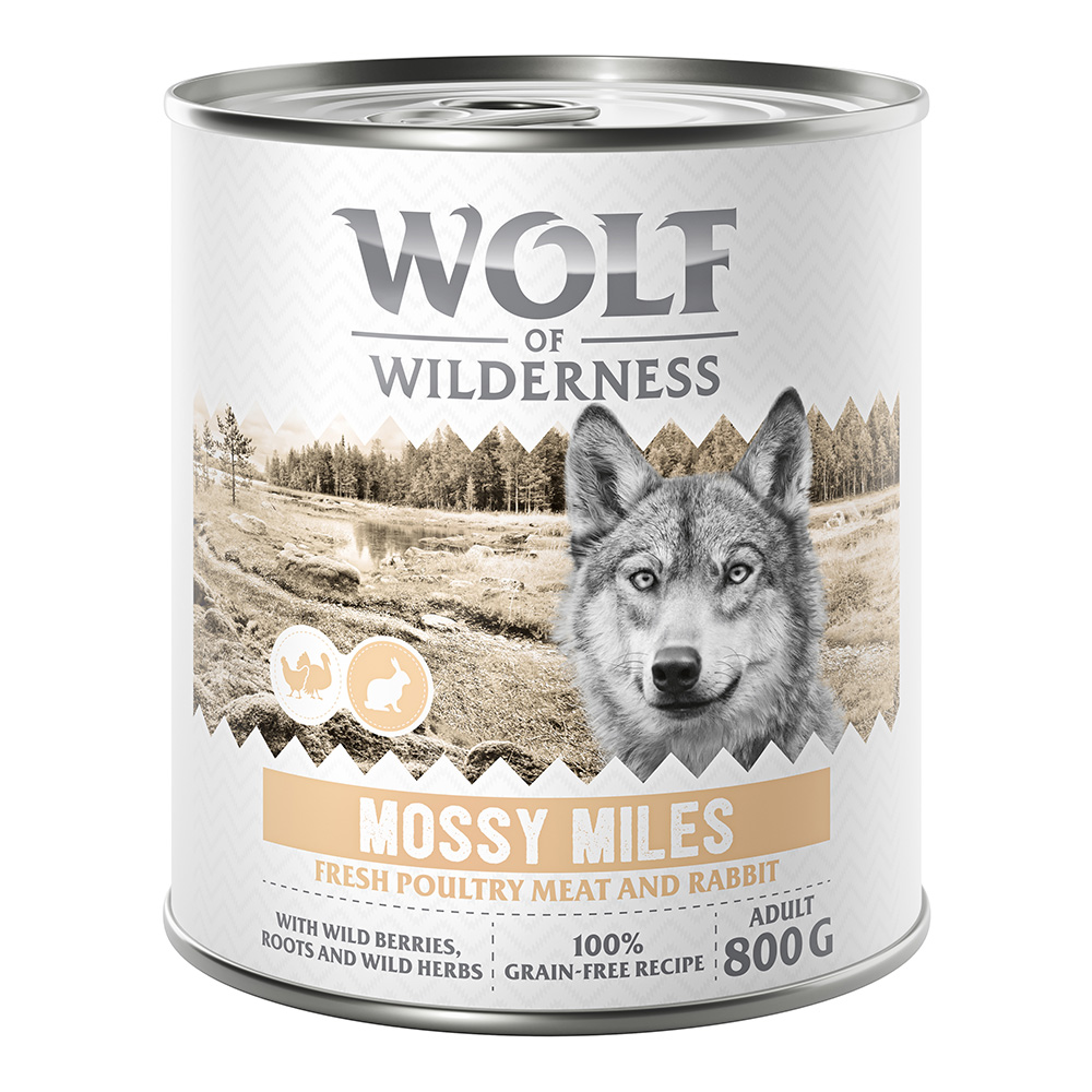 10 € Rabatt sichern! Sparpaket Wolf of Wilderness 24 x 800 g - Mossy Miles - Geflügel mit Kaninchen von Wolf of Wilderness