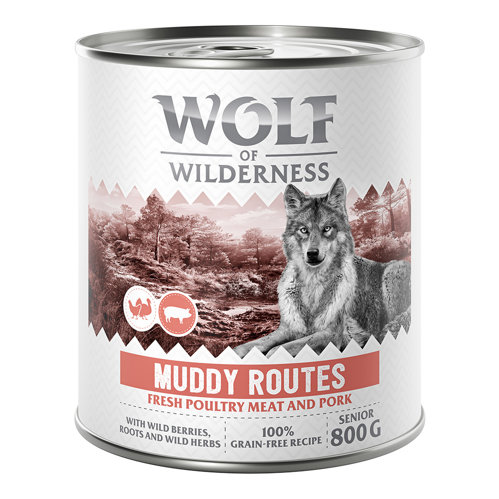 10 € Rabatt sichern! Sparpaket Wolf of Wilderness 24 x 800 g - SENIOR Muddy Routes - Geflügel mit Schwein von Wolf of Wilderness